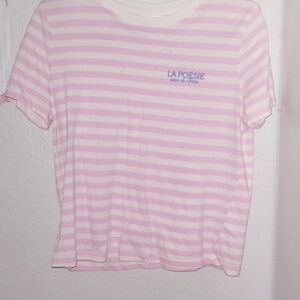 Small Women's Pink And White Stripped Shirt With A Blue Embroidered Label